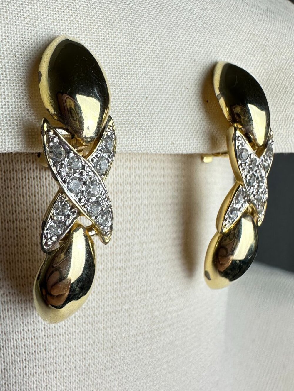 Gold Tone Rhinestone Articulated Clip-On Earrings Statement 1.6”